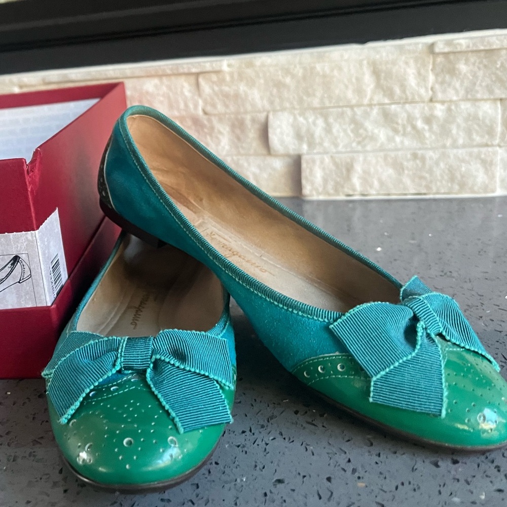 Salvatore Ferragamo My Pretty Teal and Green Bow Flats